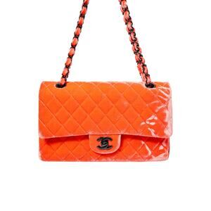 Chanel Velvet Quilted Interlocking CC Classic Flap Medium Shoulder Bag Coral